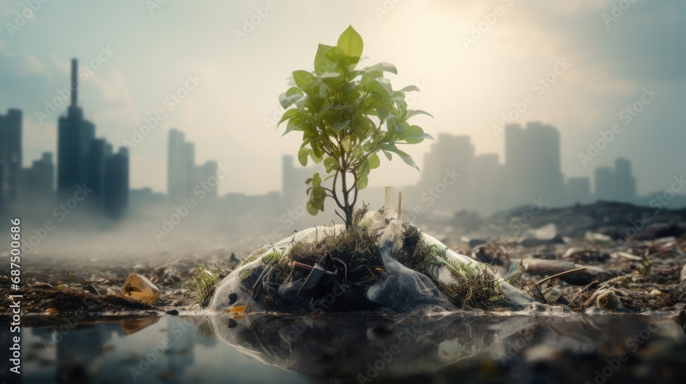 Green plants grow in a trash pollution environment background wallpaper ...