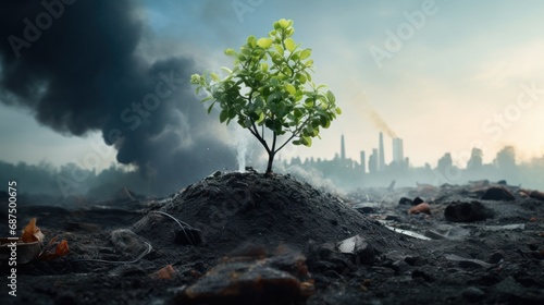 Green plants grow in a trash pollution environment background wallpaper AI generated image photo