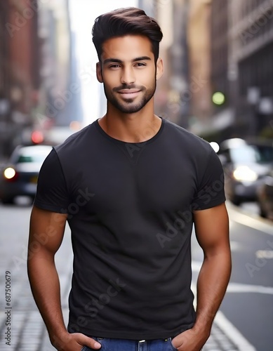 Portrait of a young European or American man, dark-skinned, wearing a black t-shirt, in the center of a street of a modern city.