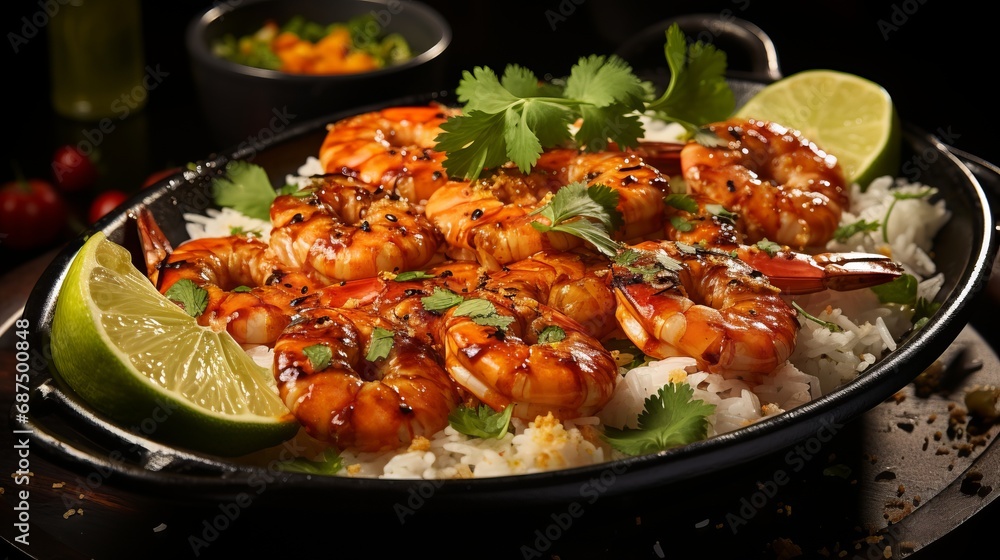 Skewered shrimp accompanied by lime and sauce Skewered shrimp accompanied by lime and sauce