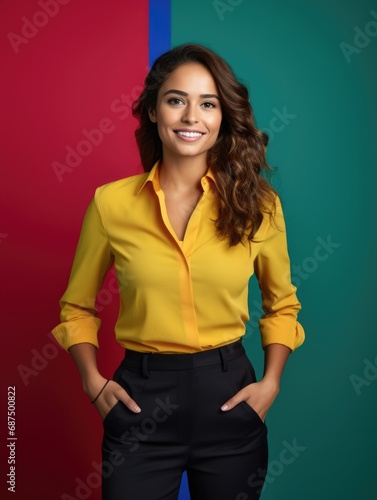 A portrait photo of a young realistic smiling hot business woman for the team of a website 