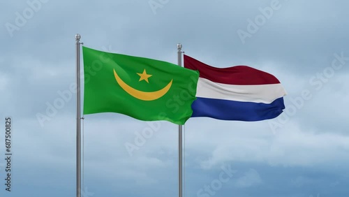 Netherlands flag and Mauritania flag waving together on cloudy sky, endless seamless loop, two country relations concept photo