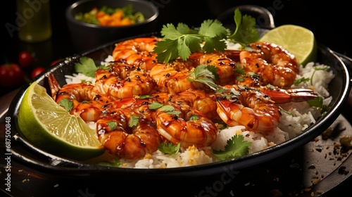 Skewered shrimp accompanied by lime and sauce