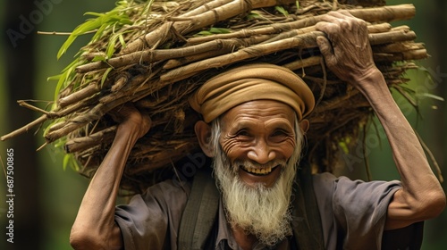 Old grandfather carrying a pile of wood on his head background wallpaper AI generated image