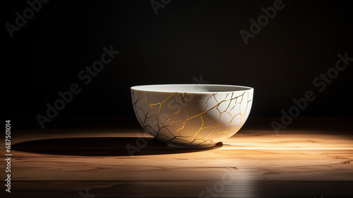 Kintsugi white bowl in wooden table top against dark black background