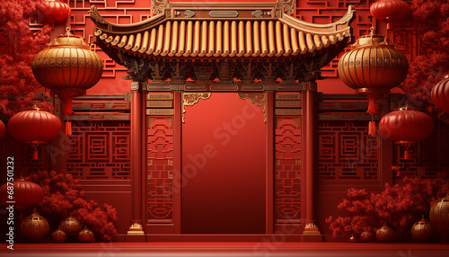 Fotografia Chinese gate and lantern on red background, copy space text, decoration element