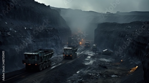 Coal mine dump truck carrying materials at night background wallpaper AI generated image