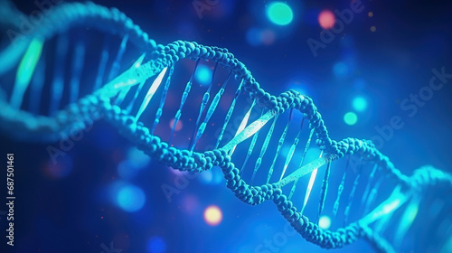 DNA chromosomes and double helix in blue light shaded background