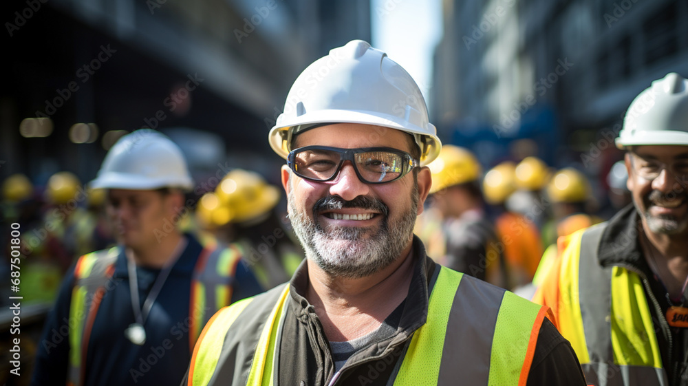 Group of construction workers standing together, working at construction site. Man smiling with workers in white construction industry. Group of construction workers standing together, working at construction site. Man smiling with workers in white construction industry.