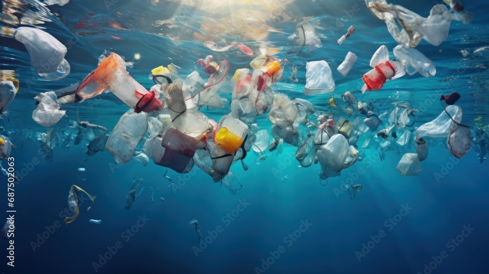Plastic pollution in the environment ocean background wallpaper AI generated image - obrazy, fototapety, plakaty 