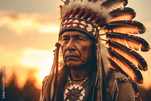 Portrait of native American Indian red wearing traditional dress with bird feature headdress with field meadow and grass nature with copy space background. photo