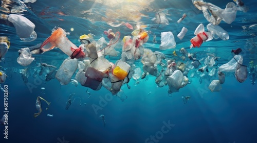 Plastic pollution in the environment ocean background wallpaper AI generated image photo