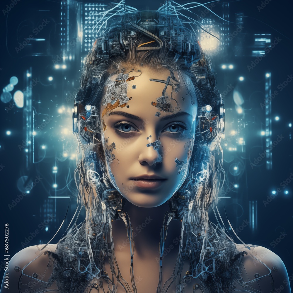 3d rendering of a female cyborg with artificial intelligence concept.