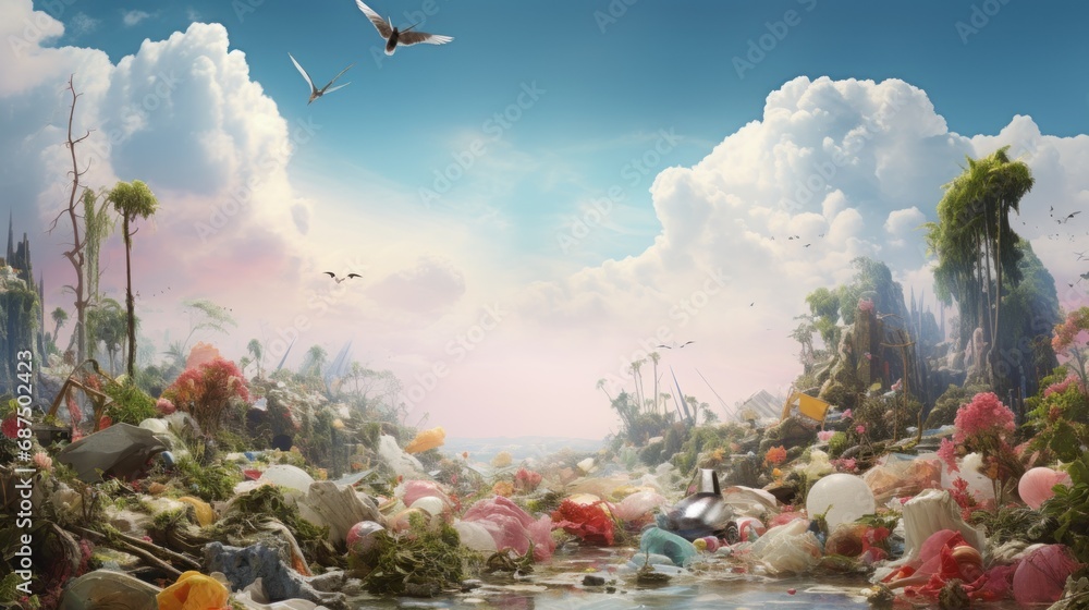Garbage waste Trash in beautiful nature background wallpaper AI generated image - obrazy, fototapety, plakaty 