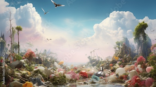 Garbage waste Trash in beautiful nature background wallpaper AI generated image photo