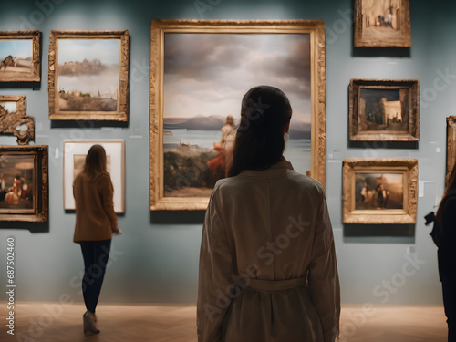 Woman visiting art gallery and looking to pictures. Generative AI