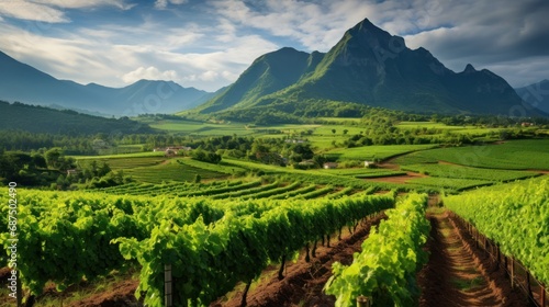 Vineyard with beautiful mountain panoramas background wallpaper AI generated image © anis rohayati
