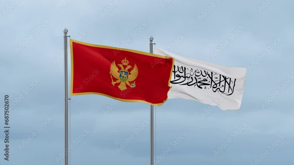 Montenegro flag and Afghanistan flag waving together on cloudy sky, endless seamless loop Montenegro flag and Afghanistan flag waving together on cloudy sky, endless seamless loop