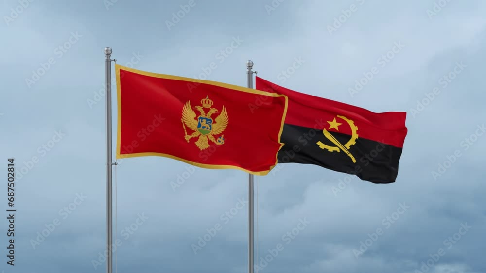 Montenegro flag and Angola flag waving together on cloudy sky, endless seamless loop Montenegro flag and Angola flag waving together on cloudy sky, endless seamless loop