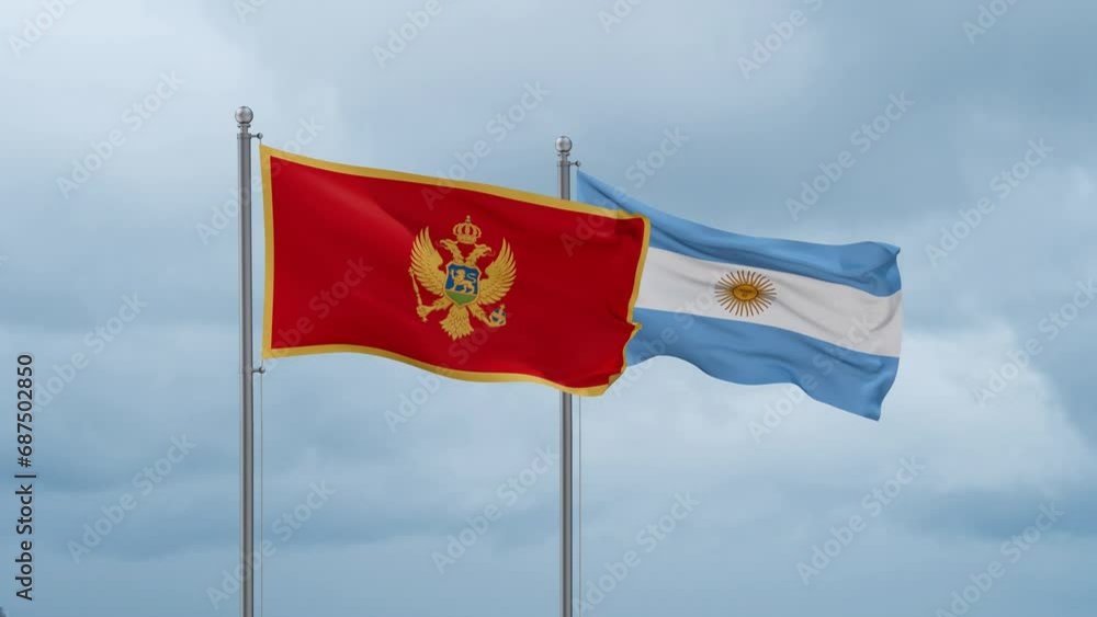 Argentina flag and Montenegro flag waving together on cloudy sky, endless seamless loop, two country relations concept Argentina flag and Montenegro flag waving together on cloudy sky, endless seamless loop, two country relations concept
