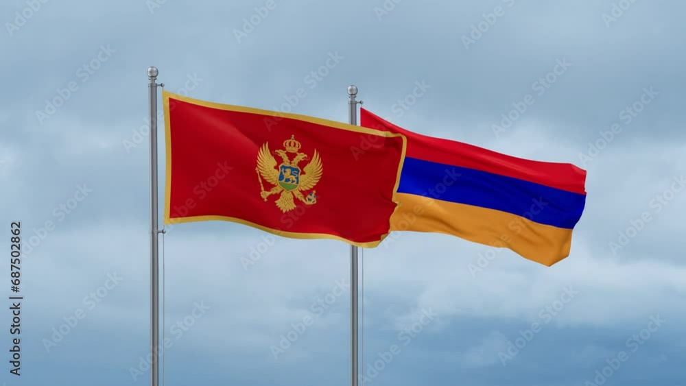 Armenia and Montenegro flag waving together on cloudy sky, endless seamless loop, two country cooperation concept Armenia and Montenegro flag waving together on cloudy sky, endless seamless loop, two country cooperation concept