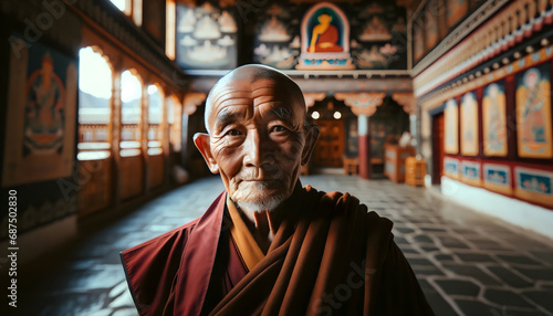 Portrait of an old Buddhist Monk against a temple background