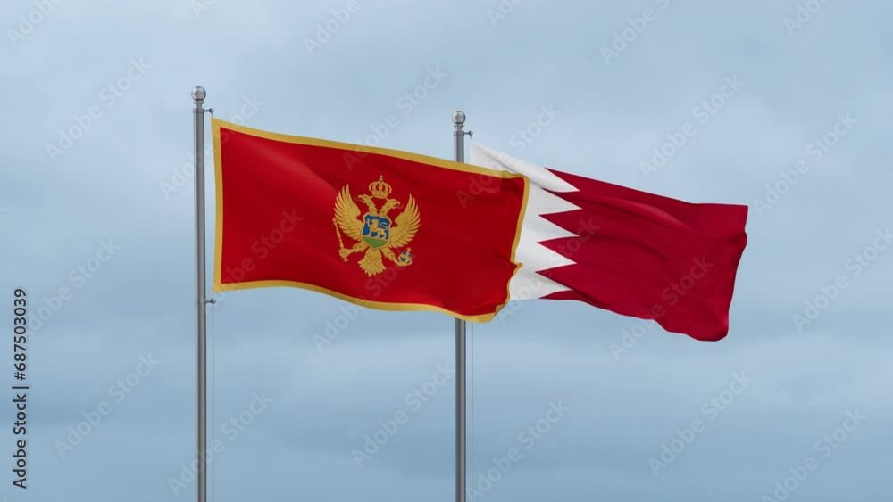 Bahrain flag and Montenegro flag waving together on cloudy sky, endless seamless loop, two country relations concept Bahrain flag and Montenegro flag waving together on cloudy sky, endless seamless loop, two country relations concept