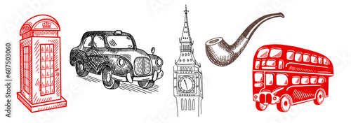 Set of great London symbols - Big Ben, telephone, Double Decker Bus, taxi black cab vector illustration