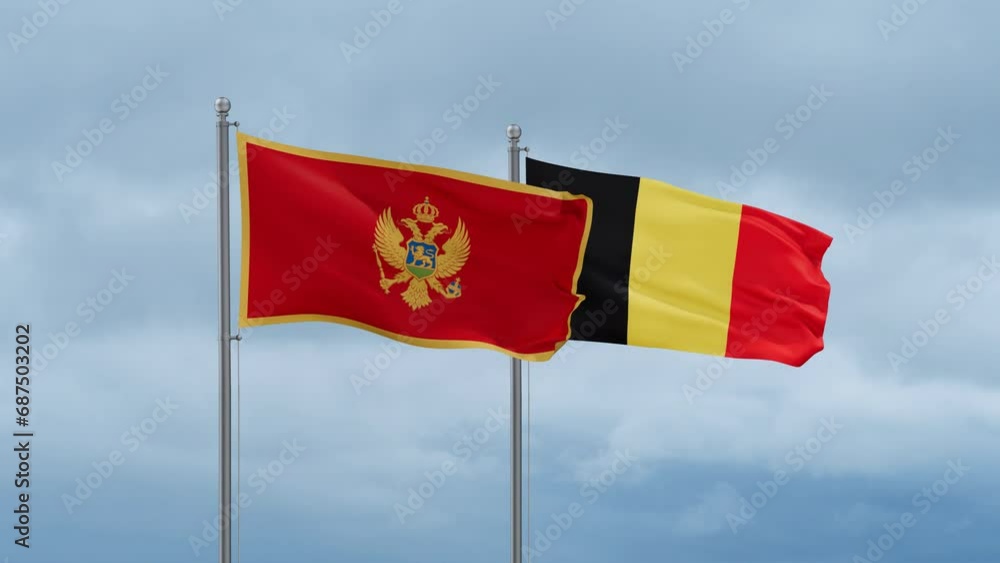 Belgium flag and Montenegro flag waving together on cloudy sky, endless seamless loop, two country relations concept Belgium flag and Montenegro flag waving together on cloudy sky, endless seamless loop, two country relations concept