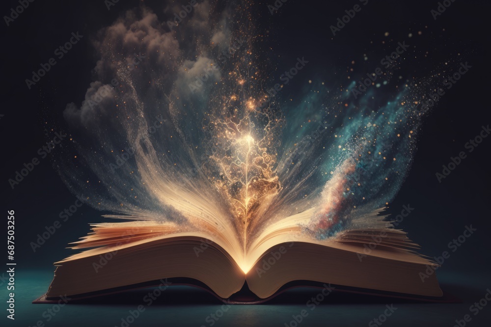 Open book with magical dust floating over it. Magical book, wisdom, fairytale Open book with magical dust floating over it. Magical book, wisdom, fairytale