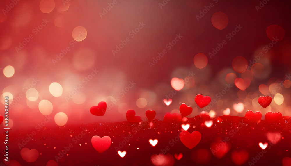 Valentines day background banner - abstract panorama background with red hearts and glitter - love concept