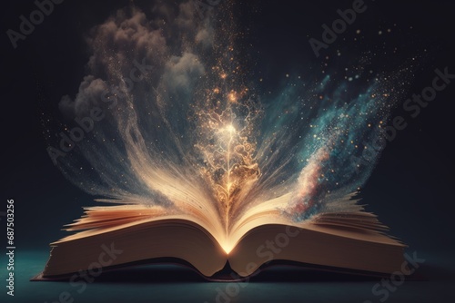 Open book with magical dust floating over it. Magical book, wisdom, fairytale