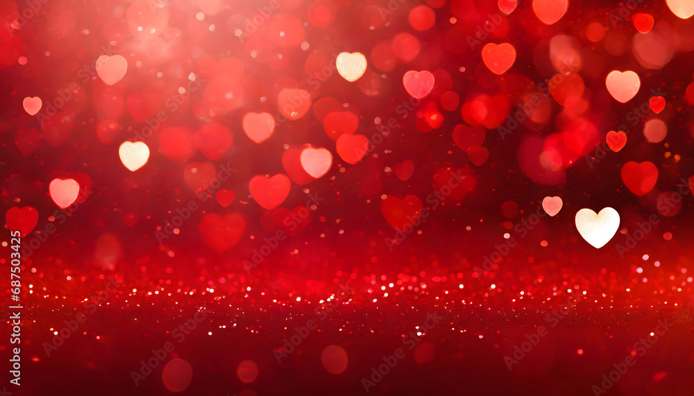 Valentines day background banner - abstract panorama background with red hearts and glitter - love concept