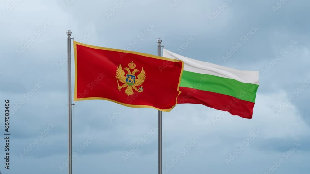 Bulgaria flag and Montenegro flag waving together on cloudy sky, endless seamless loop, two country relations concept Bulgaria flag and Montenegro flag waving together on cloudy sky, endless seamless loop, two country relations concept