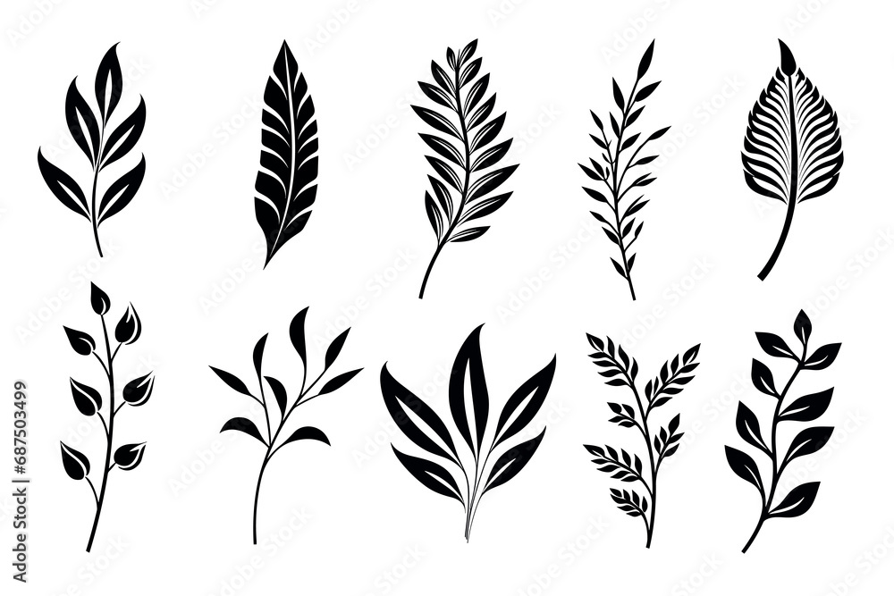 Set of leaf silhouette, botanical elements. Vector leaves isolated on white background. Generative ai Set of leaf silhouette, botanical elements. Vector leaves isolated on white background. Generative ai
