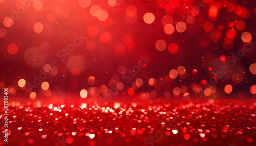 red bokeh glitter background - Valentines day banner - abstract panorama background - love concept