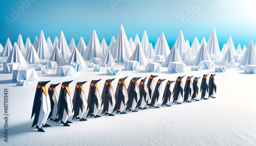 Origami Penguins in Single Row at Hokkaido Zoo