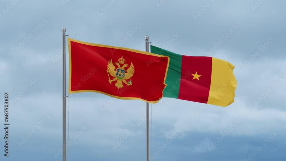 Cameroon flag and Montenegro flag waving together on cloudy sky, endless seamless loop, two country relations concept Cameroon flag and Montenegro flag waving together on cloudy sky, endless seamless loop, two country relations concept