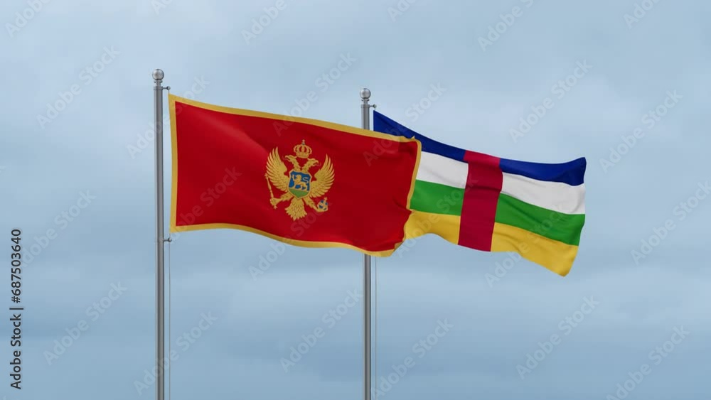 Central African Republic flag and Montenegro flag waving together on cloudy sky, endless seamless loop, two country relations concept Central African Republic flag and Montenegro flag waving together on cloudy sky, endless seamless loop, two country relations concept
