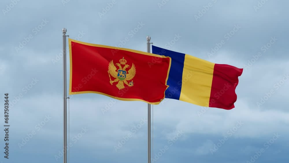 Chad flag and Montenegro flag waving together on cloudy sky, endless seamless loop, two country relations concept Chad flag and Montenegro flag waving together on cloudy sky, endless seamless loop, two country relations concept