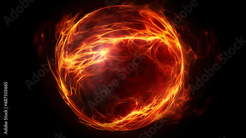 Dynamic Fiery Ball: Intense Combustion on Black Background - Powerful Flame Illustration for Abstract Concepts with Copy Space for Design and Creative Expression.