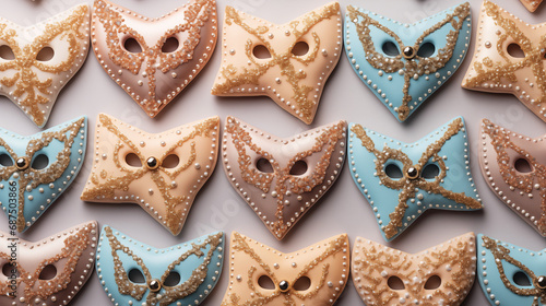 Happy Purim. Happy Purim carnival decoration concept made from mask and sparkle star and hamantaschen cookies on pastel background. (Happy Purim in Hebrew, jewish holiday celebrate)