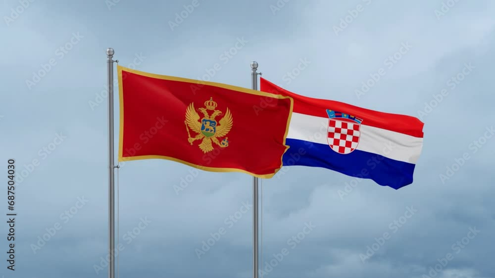 Croatia and Montenegro flag waving together on cloudy sky, endless seamless loop, two country cooperation concept Croatia and Montenegro flag waving together on cloudy sky, endless seamless loop, two country cooperation concept