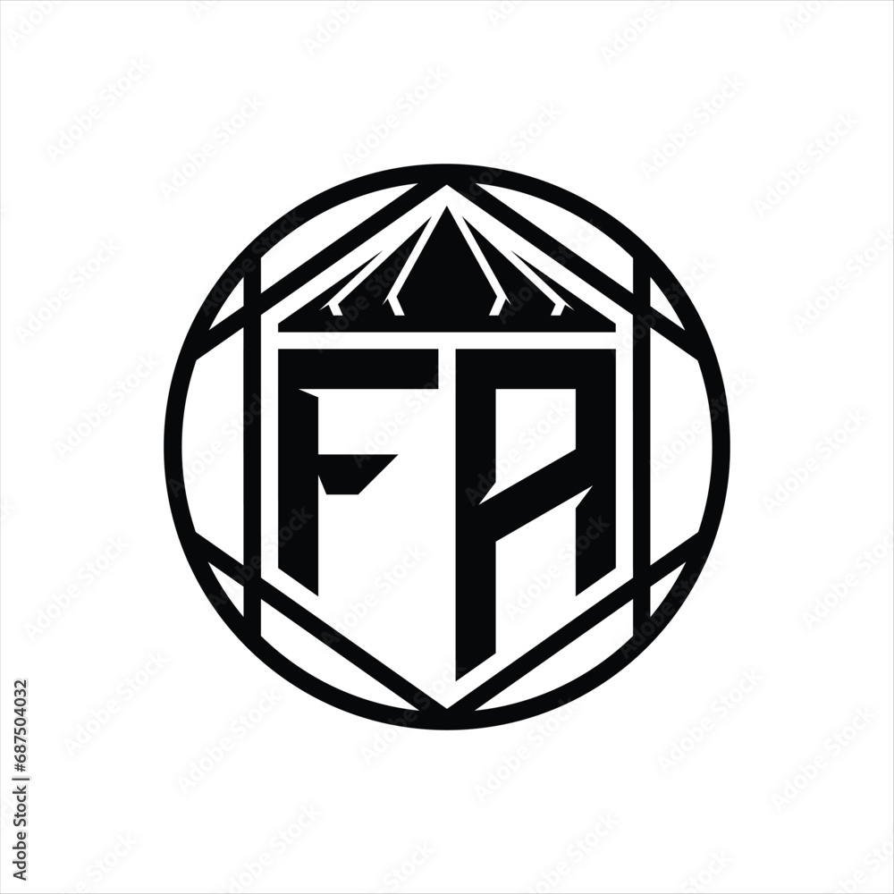 FA Letter Logo monogram hexagon slice crown sharp shield shape isolated circle abstract style design FA Letter Logo monogram hexagon slice crown sharp shield shape isolated circle abstract style design