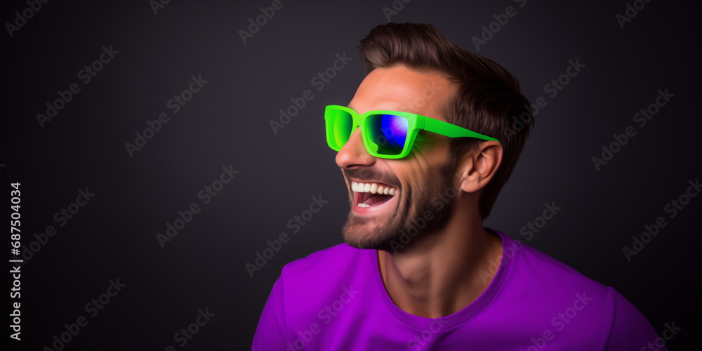 A Stylish Man in a Vibrant Purple Shirt and Trendy Green Sunglasses