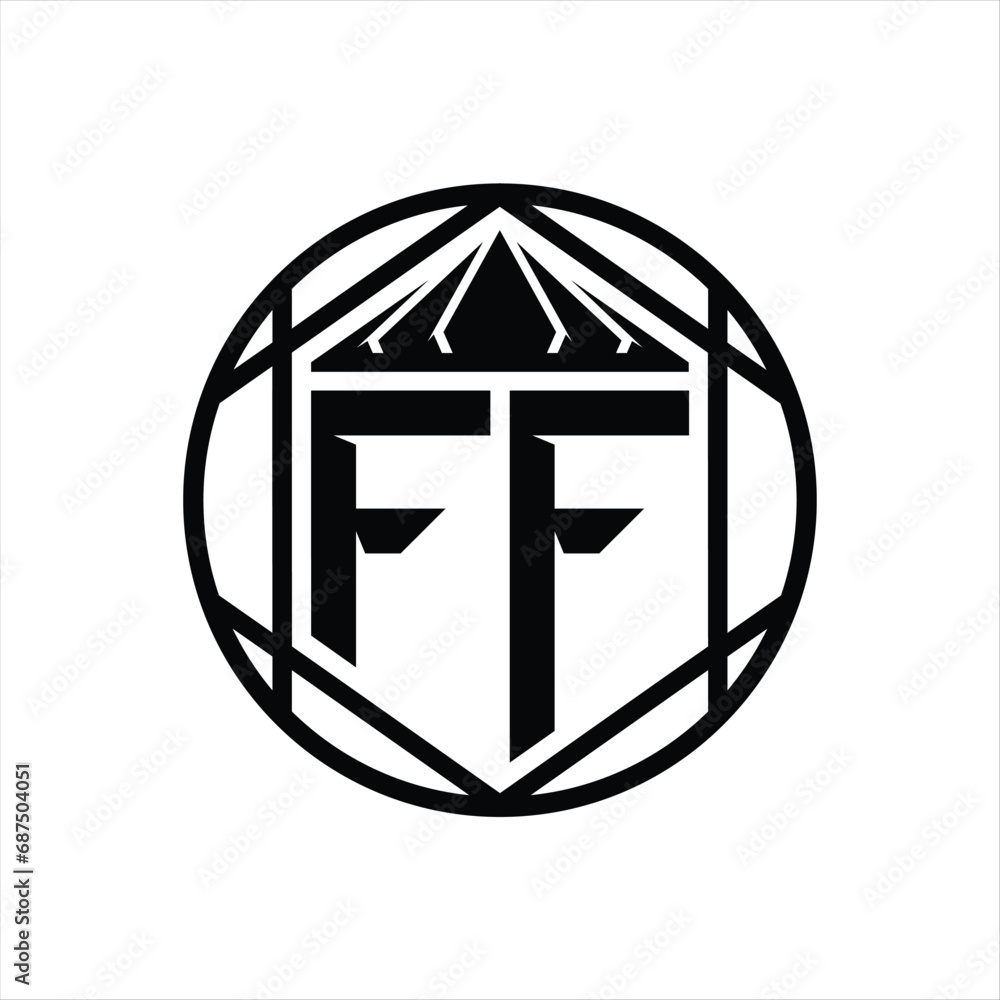 FF Letter Logo monogram hexagon slice crown sharp shield shape isolated circle abstract style design FF Letter Logo monogram hexagon slice crown sharp shield shape isolated circle abstract style design
