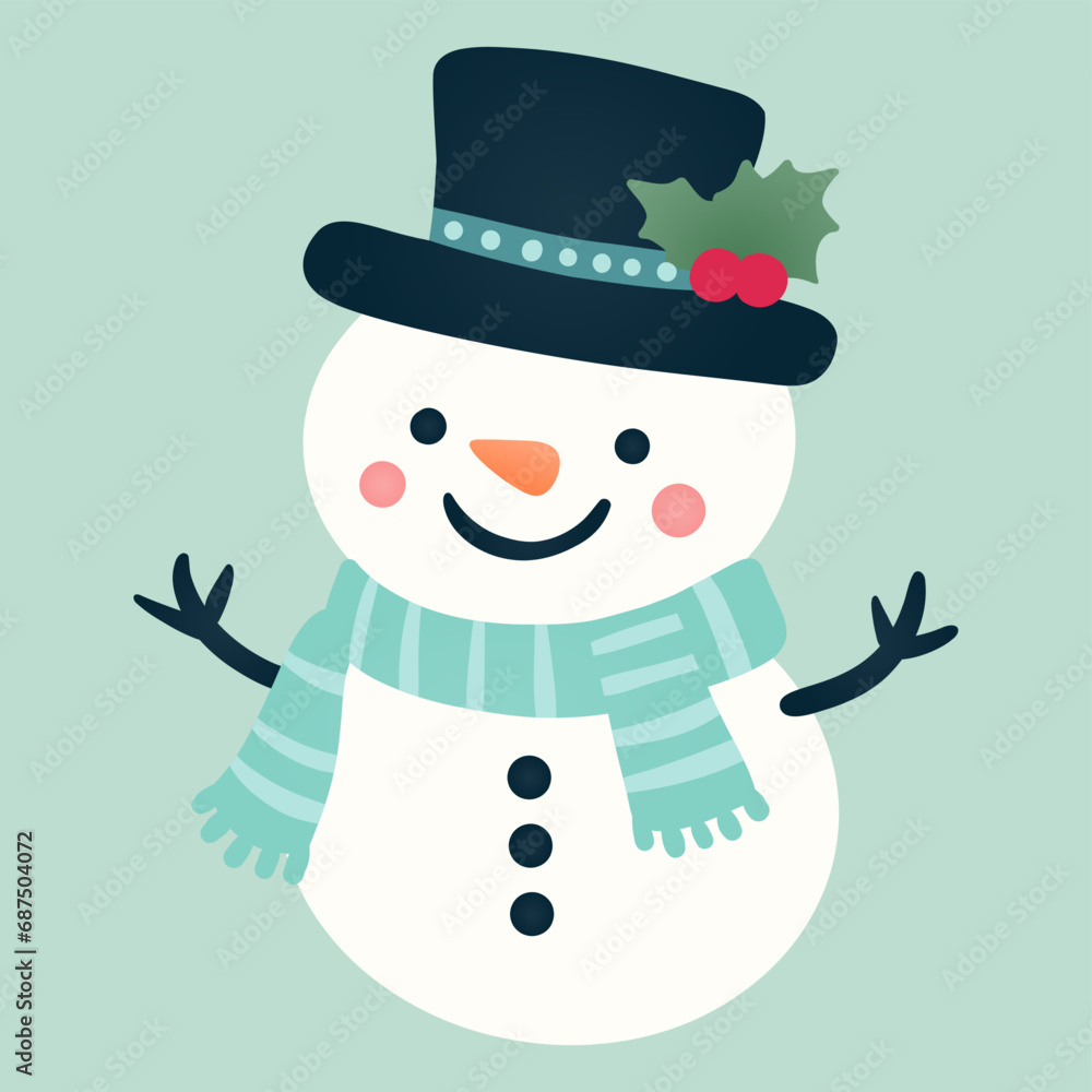 cheerful snowman in a green scarf and hat on mint background, single element cheerful snowman in a green scarf and hat on mint background, single element