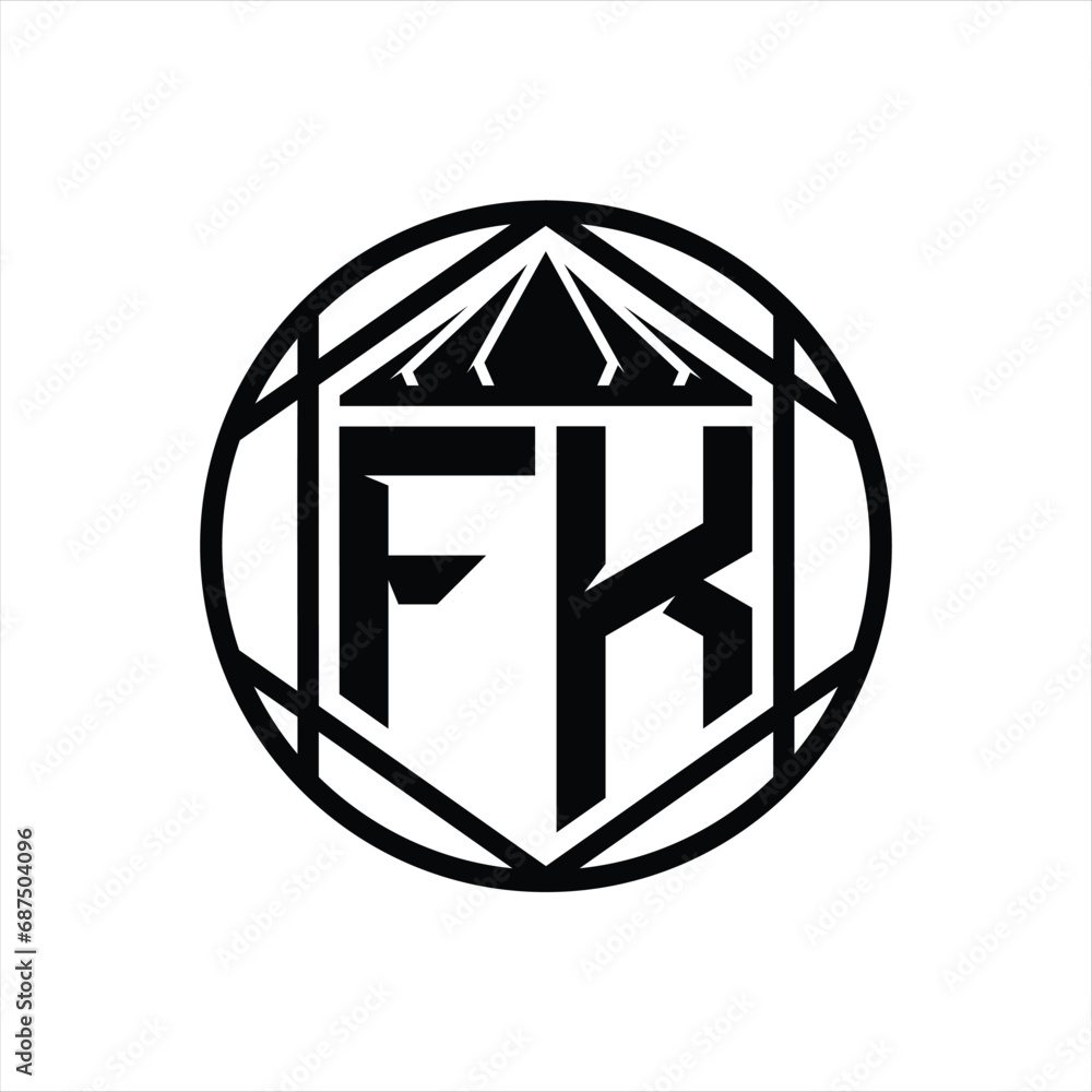 FK Letter Logo monogram hexagon slice crown sharp shield shape isolated circle abstract style design FK Letter Logo monogram hexagon slice crown sharp shield shape isolated circle abstract style design