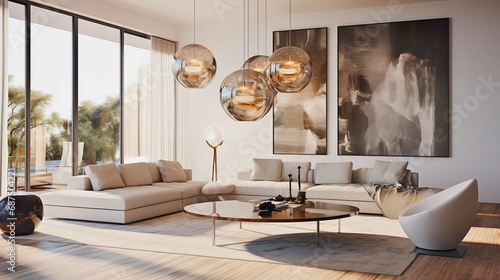 
The modern living room features long, sculptural pendants in a wide composition, enhancing metal and glass textures. Neutral tones create sophistication in a sleek architectural setting. photo