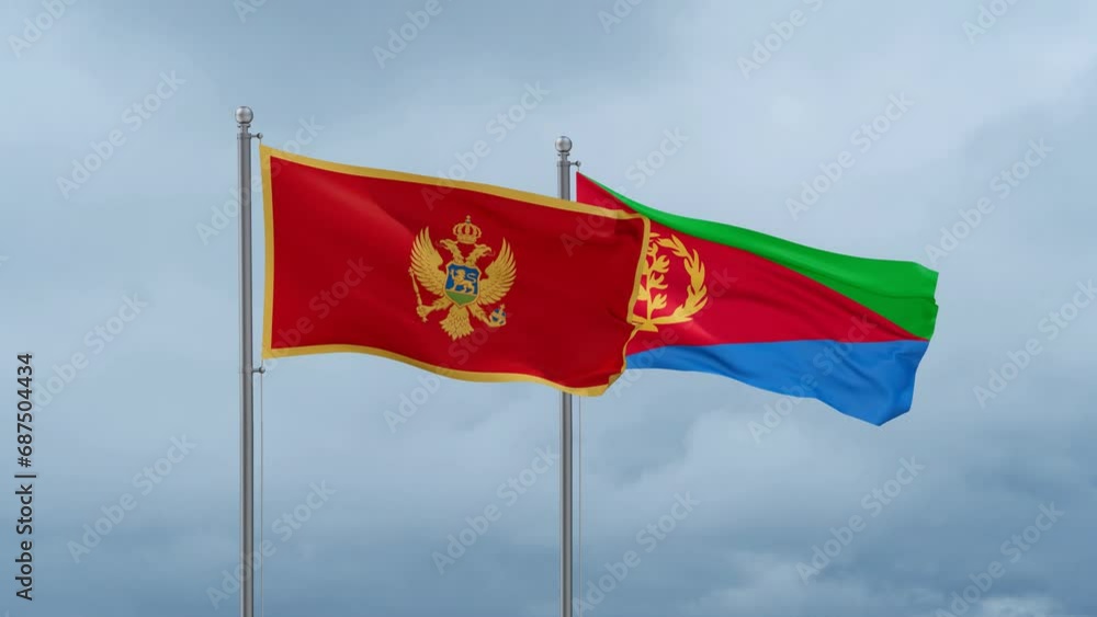 Eritrea and Montenegro flag waving together on cloudy sky, endless seamless loop, two country cooperation concept Eritrea and Montenegro flag waving together on cloudy sky, endless seamless loop, two country cooperation concept